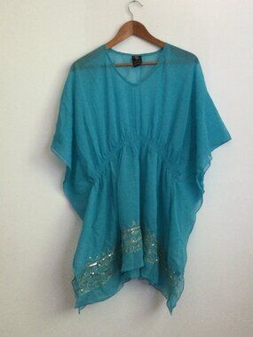 Turquoise kaftan swimsuit cover up tunic silver sequin thread embroidery OS